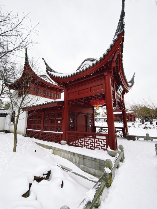 Photoshoot hivernal d'un temple chinois au Jardin Botanique de Montréal